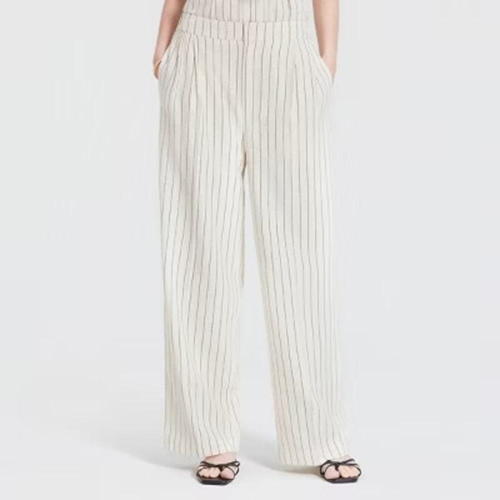 A New Day Cream Striped Linen Blend Straight Leg Trousers